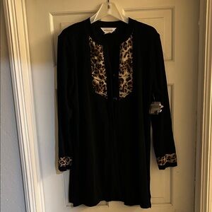 Misook Black Cardigan with Leopard Print Details